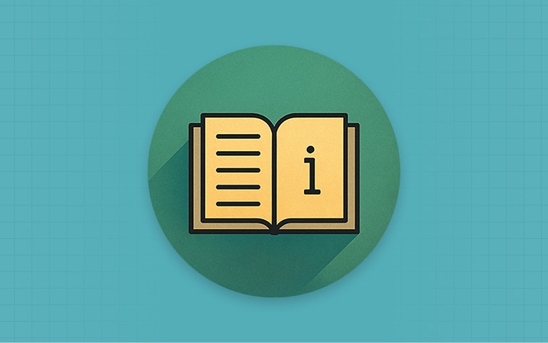 open book with lines on one page and a 'i' on the other