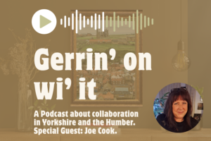 Podcast promotional image with picture of the guest in a circle in the bottom right corner