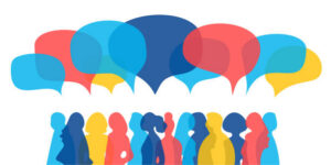 illustration of different people with speech bubbles above them
